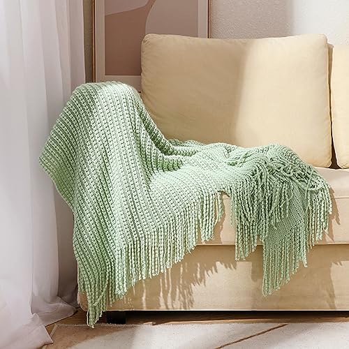 Hixingo Kuscheldecke Fleecedecke Gestrickte Decke, Fransen Sofa Überwurfdecke Kuscheldecke Flauschig Sofadecke, Weich Sofaüberwurf Couchdecke Wohndecke Fleecedecke (130x220cm,hellgrün) von Hixingo