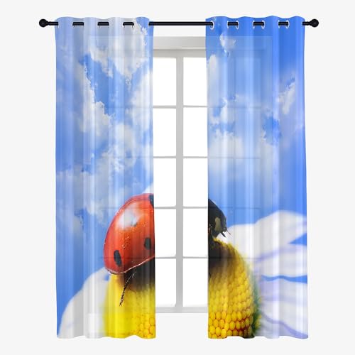 Hixingo Marienkäfer-Druck Sheer Voile Gardinen vorhänge, 2er Set Vorhang mit Ösen, Halbtransparent Scheibengardinen Wohnzimmer Küchen (Blauer Himmel,107x160cm) von Hixingo