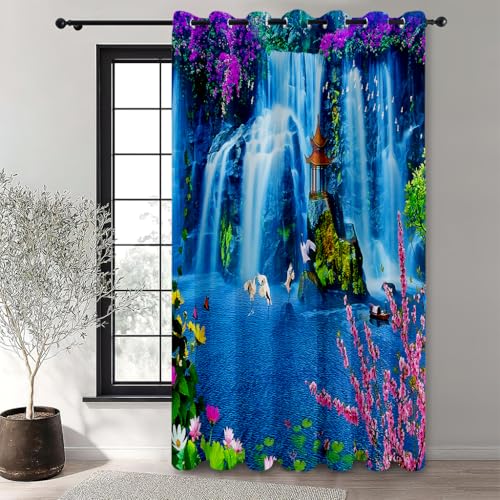 Hixingo Outdoor Vorhang mit Ösen 1 Stücke, Outdoorvorhänge Wasserdicht, Blickdicht Gardinen Sichtschutz Vorhänge, für Pavillon, Terrasse, Landschaftsabdrücke (Wasserfall und blau,132x243cm) von Hixingo