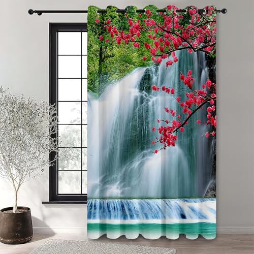 Hixingo Outdoor Vorhang mit Ösen 1 Stücke, Outdoorvorhänge Wasserdicht, Blickdicht Gardinen Sichtschutz Vorhänge, für Pavillon, Terrasse, Landschaftsabdrücke (Waterfalls and Flowers,132x137cm) von Hixingo