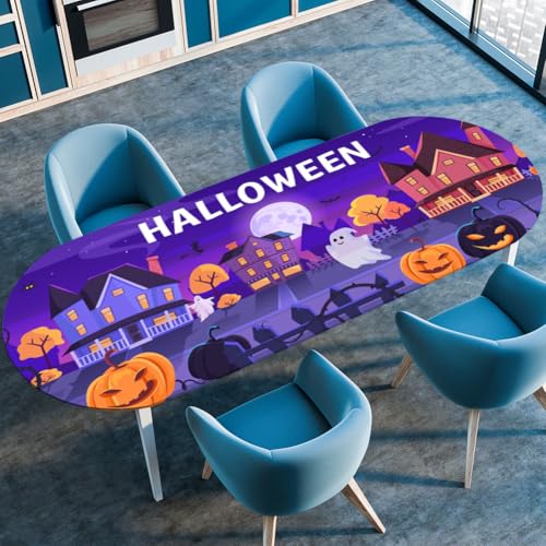 Hixingo Ovale Wasserdicht Tischdecke, 3D-Halloween Tischdecke Abwaschbar, Arbeitsplatte Abdeckung mit Gummizug Rand für Küche, Esszimmer (Violett 2,107x173cm) von Hixingo