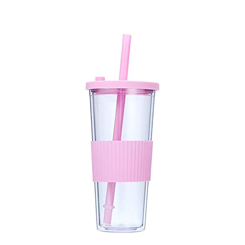 Hixingo Reisebecher mit Strohhalm und Deckel, 24OZ Doppelwandiger Kaltbecher aus Kunststoff Trinkbecher Wiederverwendbarer Acryl-Reisebecher für Eiskaffee oder Wasser (710 ml,Rosa) von Hixingo