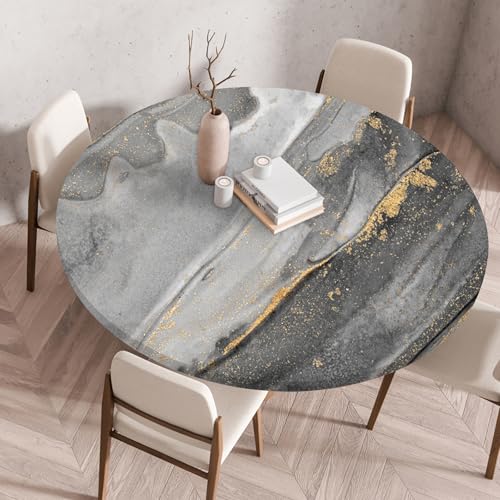 Hixingo Rund Marmor-Muster Tischdecke mit Elastik, Wasserdicht Gartentischdecke Antifouling Tischdecken Polyester Tischtuch Tisch Schutz für Küche Garten (Hellgrau Gold A,140CM) von Hixingo