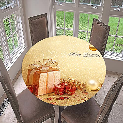Hixingo Rund Tischdecke 3D Weihnachts Tischdecke, Elastisch Tischdecken Mit Gummizug Rand Abwaschbar Indoor Tischtuch für Weihnachtsfeier, Neujahrsessen (Durchmesser 110cm,Gold Geschenk) von Hixingo