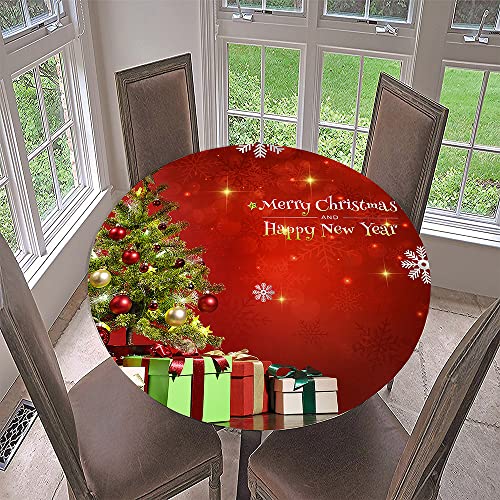 Hixingo Rund Tischdecke 3D Weihnachts Tischdecke, Elastisch Tischdecken Mit Gummizug Rand Abwaschbar Indoor Tischtuch für Weihnachtsfeier, Neujahrsessen (Durchmesser 120cm,Roter Ball Geschenk) von Hixingo