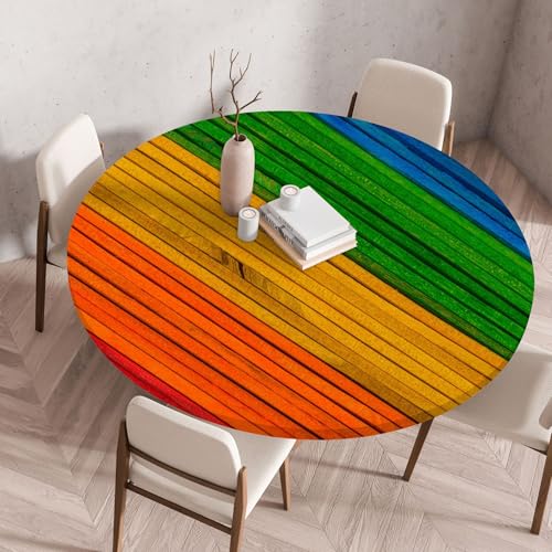 Hixingo Rund Tischdecke mit Elastik, Wasserdicht Gartentischdecke Antifouling Tischdecken Polyester Tischtuch Tisch Schutz für Küche Garten (60CM,Bunte Planken) von Hixingo