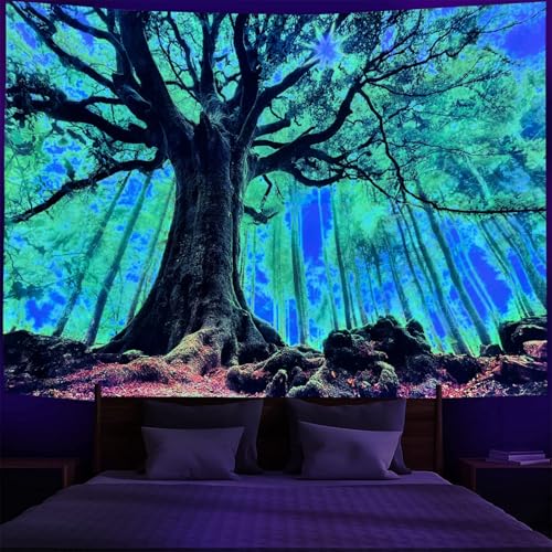 Hixingo Schwarzlicht Wandteppich UV-Reaktive Wandtuch Leuchtend Wald Baum Psychedelic Wandteppich Aesthetic Tapestry Wandbehang Zuhause Wandkunst für Wohnzimmer Schlafzimmer (130x150cm,Starry Sky) von Hixingo