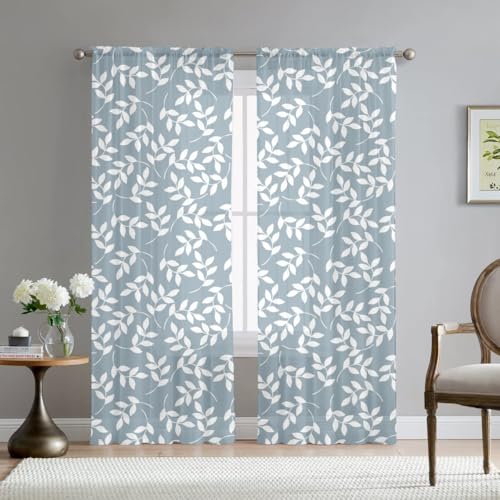 Hixingo Sheer Voile Gardinen BlattDruck Vorhänge, 2er Set Vorhang, Nordisch Halbtransparent Scheibengardinen Wohnzimmer Küchen (Hellblau,108x160cm) von Hixingo