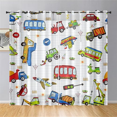 Hixingo Sheer Voile Gardinen Cartoon-Auto Vorhänge, 2er Set Vorhang mit Ösen, Halbtransparent Scheibengardinen Wohnzimmer Küchen (55x95cm,Bus) von Hixingo