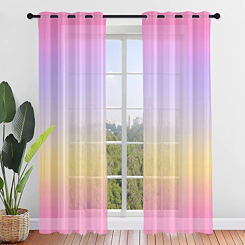 Hixingo Sheer Voile Gardinen Farbverlauf Vorhänge, 2er Set Vorhang mit Ösen, Mode Halbtransparent Scheibengardinen Wohnzimmer Küchen (107x160cm,Pink Lila) von Hixingo