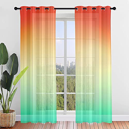 Hixingo Sheer Voile Gardinen Farbverlauf Vorhänge, 2er Set Vorhang mit Ösen, Mode Halbtransparent Scheibengardinen Wohnzimmer Küchen (107x213cm,Farbverlauf Orange) von Hixingo
