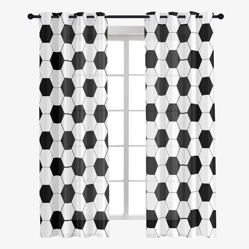 Hixingo Sheer Voile Gardinen Fußball-Druck Vorhänge, 2er Set Vorhang mit Ösen, Mode Halbtransparent Scheibengardinen Wohnzimmer Küchen (132x182cm,Fußballmuster) von Hixingo