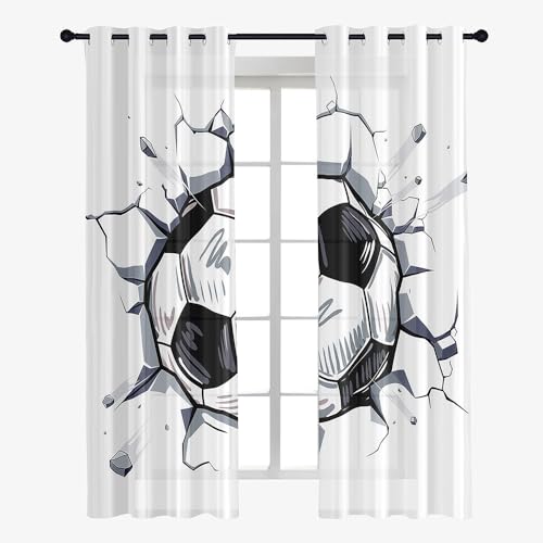 Hixingo Sheer Voile Gardinen Fußball-Druck Vorhänge, 2er Set Vorhang mit Ösen, Mode Halbtransparent Scheibengardinen Wohnzimmer Küchen (140x160cm,Fußball 2) von Hixingo