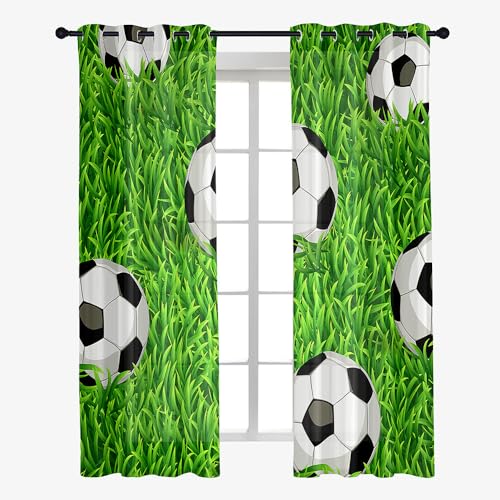 Hixingo Sheer Voile Gardinen Fußball-Druck Vorhänge, 2er Set Vorhang mit Ösen, Mode Halbtransparent Scheibengardinen Wohnzimmer Küchen (140x160cm,Wiese) von Hixingo