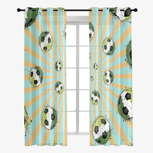 Hixingo Sheer Voile Gardinen Fußball-Druck Vorhänge, 2er Set Vorhang mit Ösen, Mode Halbtransparent Scheibengardinen Wohnzimmer Küchen (140x213cm,Fußball 3) von Hixingo