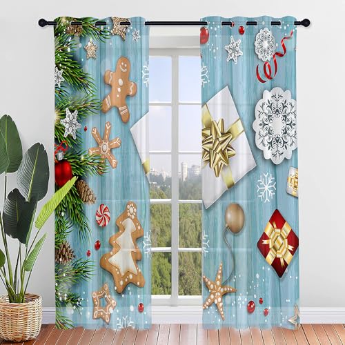 Hixingo Sheer Voile Gardinen Joyeux Noël vorhänge, 2er Set Vorhang mit Ösen, Halbtransparent Scheibengardinen Wohnzimmer Küchen (Blau,55x95cm) von Hixingo