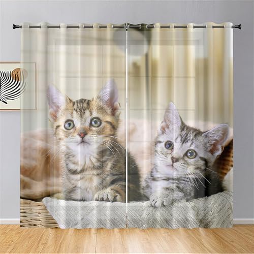 Hixingo Sheer Voile Gardinen Katzedruck Vorhänge, 2er Set Vorhang mit Ösen, Halbtransparent Scheibengardinen Wohnzimmer Küchen (132x160cm,Kätzchen) von Hixingo