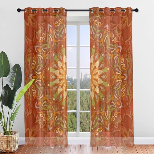 Hixingo Sheer Voile Gardinen Mandala Vorhänge, 2er Set Vorhang mit Ösen, Retro Halbtransparent Scheibengardinen Wohnzimmer Küchen (140x244cm,Mandala 5) von Hixingo