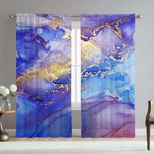 Hixingo Sheer Voile Gardinen MarmorDruck Vorhänge, 2er Set Vorhang, Nordisch Halbtransparent Scheibengardinen Wohnzimmer Küchen (108x137cm,Blauer Marmor) von Hixingo