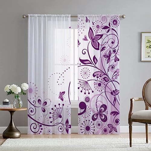 Hixingo Sheer Voile Gardinen Nordisch Vorhänge, 2er Set Vorhang, Modern Halbtransparent Scheibengardinen Wohnzimmer Küchen (Lila,108x137cm) von Hixingo