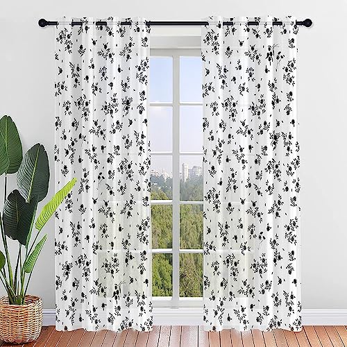 Hixingo Sheer Voile Gardinen Zerkleinerte Blumedruck Vorhänge, 2er Set Vorhang mit Ösen, Retro Halbtransparent Scheibengardinen Wohnzimmer Küchen (107x213cm,Schwarze Blume) von Hixingo