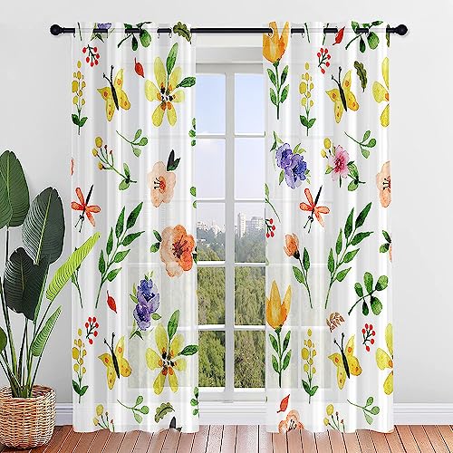 Hixingo Sheer Voile Gardinen Zerkleinerte Blumedruck Vorhänge, 2er Set Vorhang mit Ösen, Retro Halbtransparent Scheibengardinen Wohnzimmer Küchen (140x244cm,Gelbe Blume) von Hixingo
