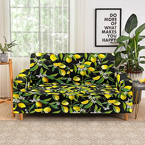 Hixingo Stretch Waschbar Sofa Überzug, Sofa Cover 1 2 3 4 Sitzer 3D Obst, Universal Elastische Weich Couch Überzug, Sofabezug für Wohnzimmer (Zitronenblumen,4 Sitzer+Kissenbezug) von Hixingo