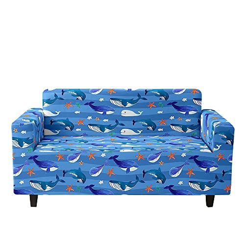 Hixingo Stretch Waschbar Sofa Überzug, Sofa Cover 1 2 3 4 Sitzer 3D Tier, Universal Elastische Weich Couch Überzug, Sofabezug für Wohnzimmer (Wal und blau,1 Sitzer+Kissenbezug) von Hixingo