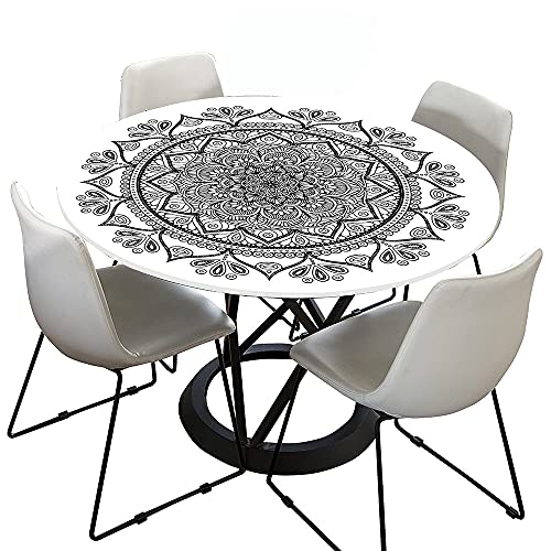 Hixingo Tischdecke Abwaschbar Gartentischdecke Tischdecke Elastisch Rund Tischdecken Tischtuch Outdoor Indoor Tisch Schutz für Restaurant, Familie (Schwarz-Weiß-Mandala,Durchmesser 110cm) von Hixingo