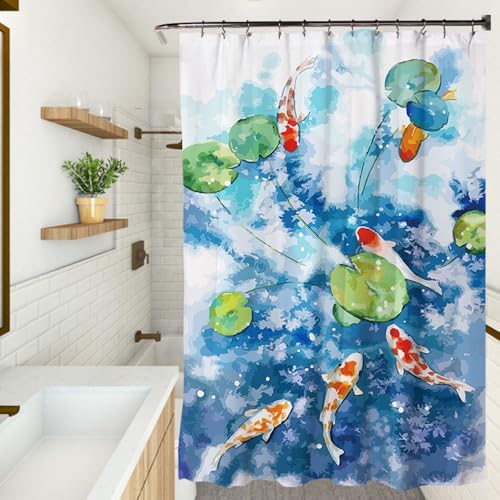 Hixingo Waschbar Duschvorhang Wasserabweisend Duschvorhänge, Polyester Shower Curtains, Moderner Stil Shower Curtain, mit 12 Duschvorhängeringen (Koi,90x180cm) von Hixingo