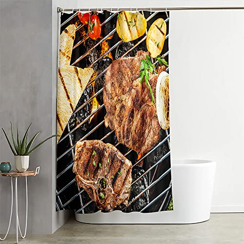 Hixingo Wasserdicht Duschvorhang 3D Essen Blickdicht Duschvorhänge mit 12 Duschvorhängeringen Duschvorhang Waschbar Duschvorhang Set für Badezimmer Badewanne (120x180cm,Grill) von Hixingo