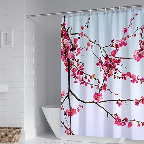 Hixingo Wasserdicht Duschvorhang 3D Pflaumenblüte, Blickdicht Duschvorhänge mit 12 Duschvorhängeringen Duschvorhang Waschbar Duschvorhang Set für Familie, Hotel (150x180cm,Pflaumenblütenbaum) von Hixingo