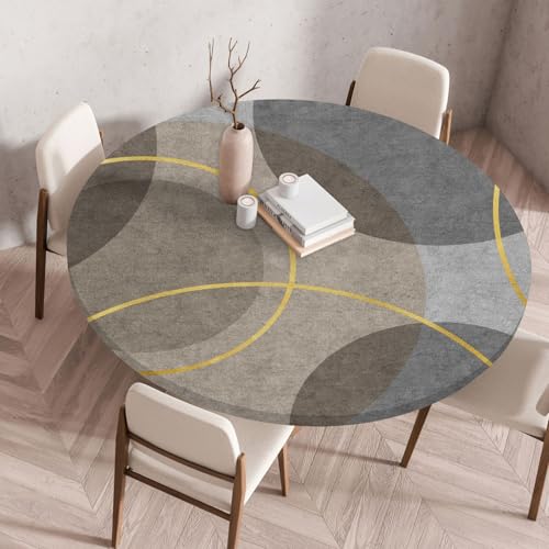 Hixingo Wasserdicht Tischdecke, 2025 Abstrakter Druck Elastisch Tischdecken, Rund Arbeitsplatte Abdeckung mit Gummizug Rand für Küche, Esszimmer, Schlafzimmer (Grau-Braun,80CM) von Hixingo