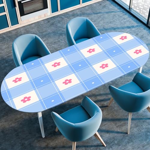 Hixingo Wasserdicht Tischdecke, 3D-Karo Tischdecke Abwaschbar, Ovale Arbeitsplatte Abdeckung mit Gummizug Rand für Küche, Esszimmer (Blau,132x229cm) von Hixingo