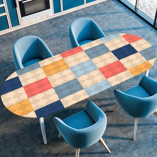 Hixingo Wasserdicht Tischdecke, 3D-Karo Tischdecke Abwaschbar, Ovale Arbeitsplatte Abdeckung mit Gummizug Rand für Küche, Esszimmer (Blau Camel,107x152cm) von Hixingo