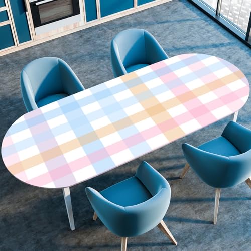 Hixingo Wasserdicht Tischdecke, 3D-Karo Tischdecke Abwaschbar, Ovale Arbeitsplatte Abdeckung mit Gummizug Rand für Küche, Esszimmer (Blau Rosa Khaki,122x183cm) von Hixingo