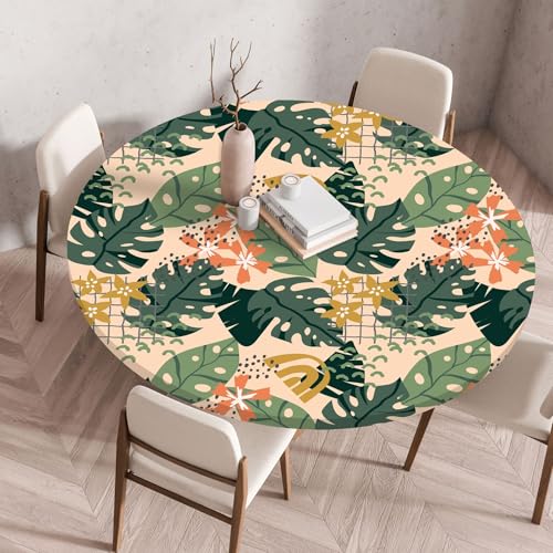 Hixingo Wasserdicht Tischdecke, Abstrakte Blume Blätter Elastisch Tischdecken, Rund Arbeitsplatte Abdeckung mit Gummizug Rand für Küche, Esszimmer, Schlafzimmer (Rosa Grün,140CM) von Hixingo