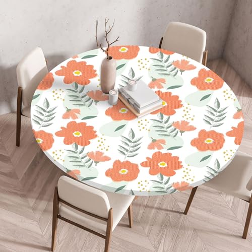 Hixingo Wasserdicht Tischdecke, Abstrakte Blume Blätter Elastisch Tischdecken, Rund Arbeitsplatte Abdeckung mit Gummizug Rand für Küche, Esszimmer, Schlafzimmer (Weiß Rot,130CM) von Hixingo