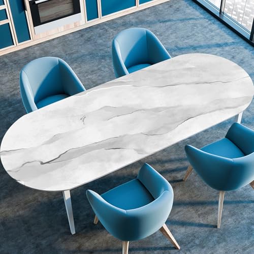 Hixingo Wasserdicht Tischdecke, Marmor-Druck Tischdecke Abwaschbar, Ovale Arbeitsplatte Abdeckung mit Gummizug Rand für Küche, Esszimmer (Weiß 2,91x152cm) von Hixingo