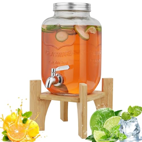 Hiziwimi 8L Getränkespender mit Ständer, Getränkespender aus Glas mit Zapfhahn aus massivem Edelstahl (8L-Glas mit Ständer aus Bambus) von Hiziwimi