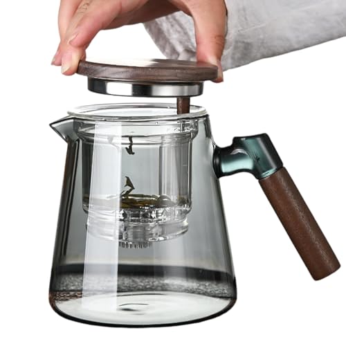 Glas-Teekanne mit Drucksteuerung, 750 ml, Holzgriff, Glas-Teekanne, Herdplatten-sicherer Teekessel, Glas-Teekannen 750 ml, einfach zu bedienen, tragbar für Tee-Wasser-Trennung von Hjatirace