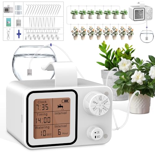 Hjh Bewässerungssystem Indoor Automatische Bewässerung Set, 15 Einstellbare Drip Tropfer & Erdanker, Programmierbare Selbstbewässerung für Garten Balkon Gewächshaus Büro Innen Urlaubsbewässerung von Hjh