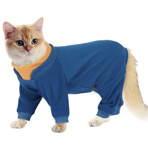 Hjumarayan Katzen Kleidung, Komplettabdeckung Katzen Erholungsoverall Katzenbody nach OP mit Lange Beine, Onesie nach Operation gegen Lecken Warmer Fleece Katzenpullover Haftenden Haaren, Blau XL von Hjumarayan