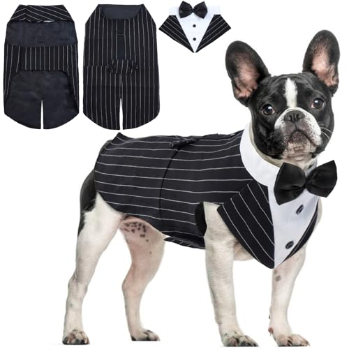 Hjyokuso Hund Smoking Anzug & Bandana Set, Hund Hochzeit Anzug, Hundekostüm für Kleine, Mittlere und Große Hunde, Hundekleidung für Hochzeit, Geburtstage, Partys, Weihnachten und Halloween -Gestreift von Hjyokuso