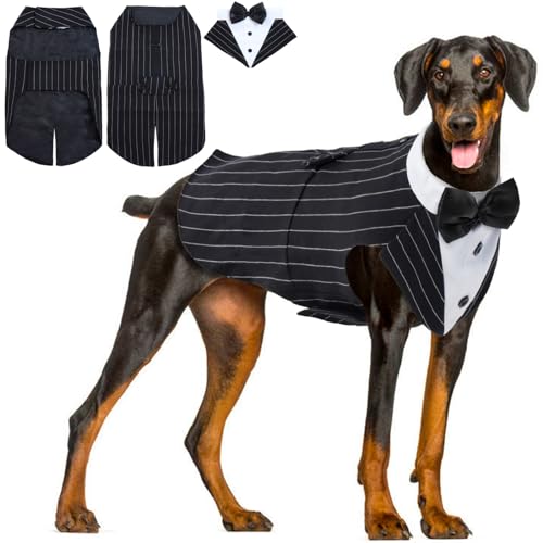 Hjyokuso Hund Smoking Anzug & Bandana Set, Hund Hochzeit Anzug, Hundekostüm für Kleine, Mittlere und Große Hunde, Hundekleidung für Hochzeit, Geburtstage, Partys, Weihnachten und Halloween -Gestreift von Hjyokuso