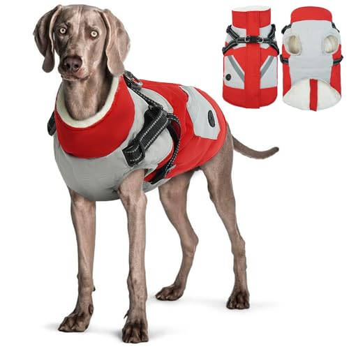 Hjyokuso Wasserdichter Hundemantel, Hundejacke mit Geschirr, Hundejacken für kleine Mittel Große Hunde, Winddichte Haustierkleidung Outfit mit Reflektierender Streifen und Reißverschluss - Rot 2XL von Hjyokuso