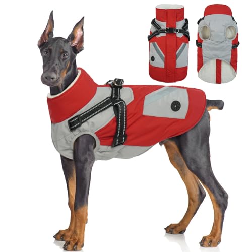 Hjyokuso Wasserdichter Hundemantel, Hundejacke mit Geschirr, Hundejacken für kleine Mittel Große Hunde, Winddichte Haustierkleidung Outfit mit Reflektierender Streifen und Reißverschluss - Rot XL von Hjyokuso