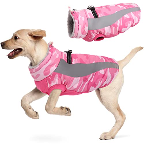 Hjyokuso Hundemantel Wasserdicht, Wintermantel Hund, Hundejacke für Kleine Mittel Große Hunde, Winddichte Hundekleidung Winterjacke mit Reflektierender Streifen und Reißverschluss - Rosa XXL von Hjyokuso