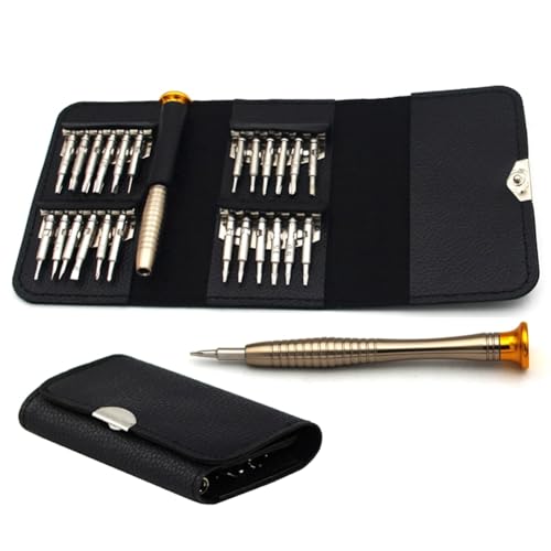 Hlennotor 1 Satz 25-In-1-Lederetui mit Fünfeckigem Mobiltelefon, Präzisionsuhrenbrille, Aluminium-Schraubendreher-Set, Mehrzweck-Schmuck-Schraubendreher-Set Aus Stahl, Winziges Schraubendreher-Set von Hlennotor