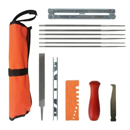Hlennotor 13-Teiliges Professionelles Kettensägen-Kettenschärfset, Werkzeug, Hartholzgriff, Rund-/Flachfeile, Führungsschiene, Feilenschärfer von Hlennotor